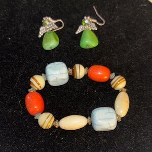 Colorful Beaded Stretch Bracelet in Turquoise Blue, Orange & Cream